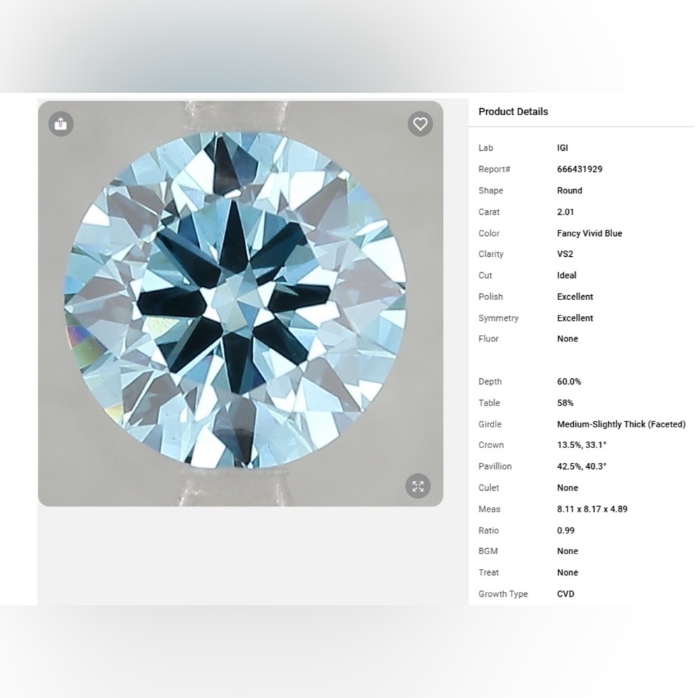 Lab Grown 2.01 Carat Round Loose Diamond Fancy Vivid Blue Diamond